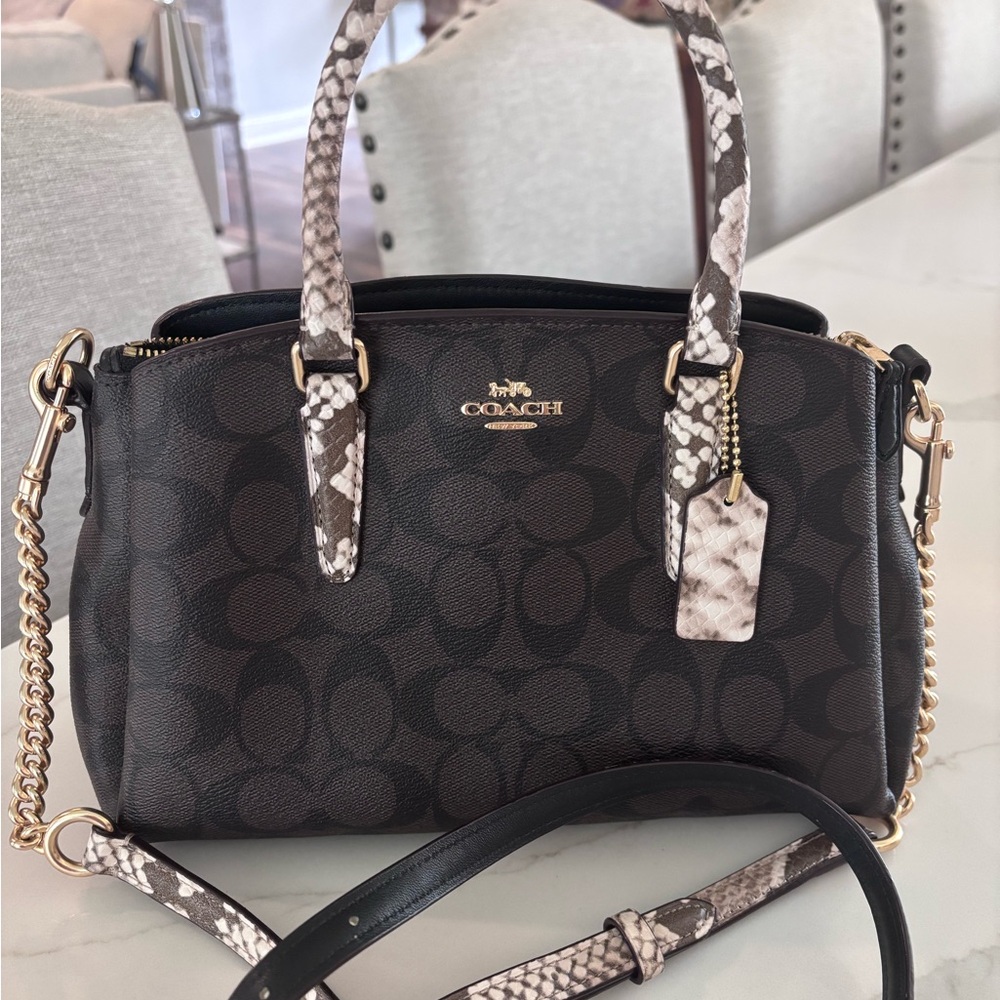 Coach Brown Signature Sage mini Satchel with Snake-Print Trim